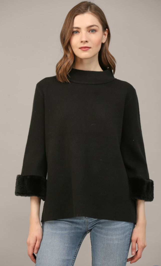 Mock Neck Bell Sleeve w/Fur Trim Sweater-Black