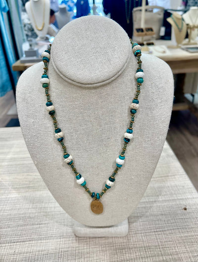 Turquoise and Beaded Chain Necklace with Broze Heiroglyph Pendant