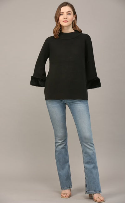 Mock Neck Bell Sleeve w/Fur Trim Sweater-Black