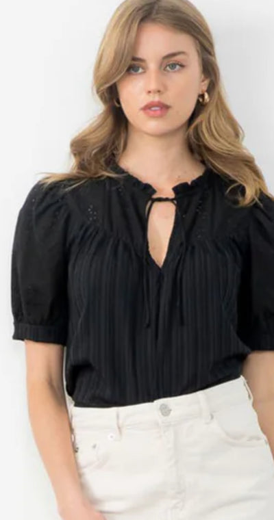 Eyelet Sleeve Top-Black