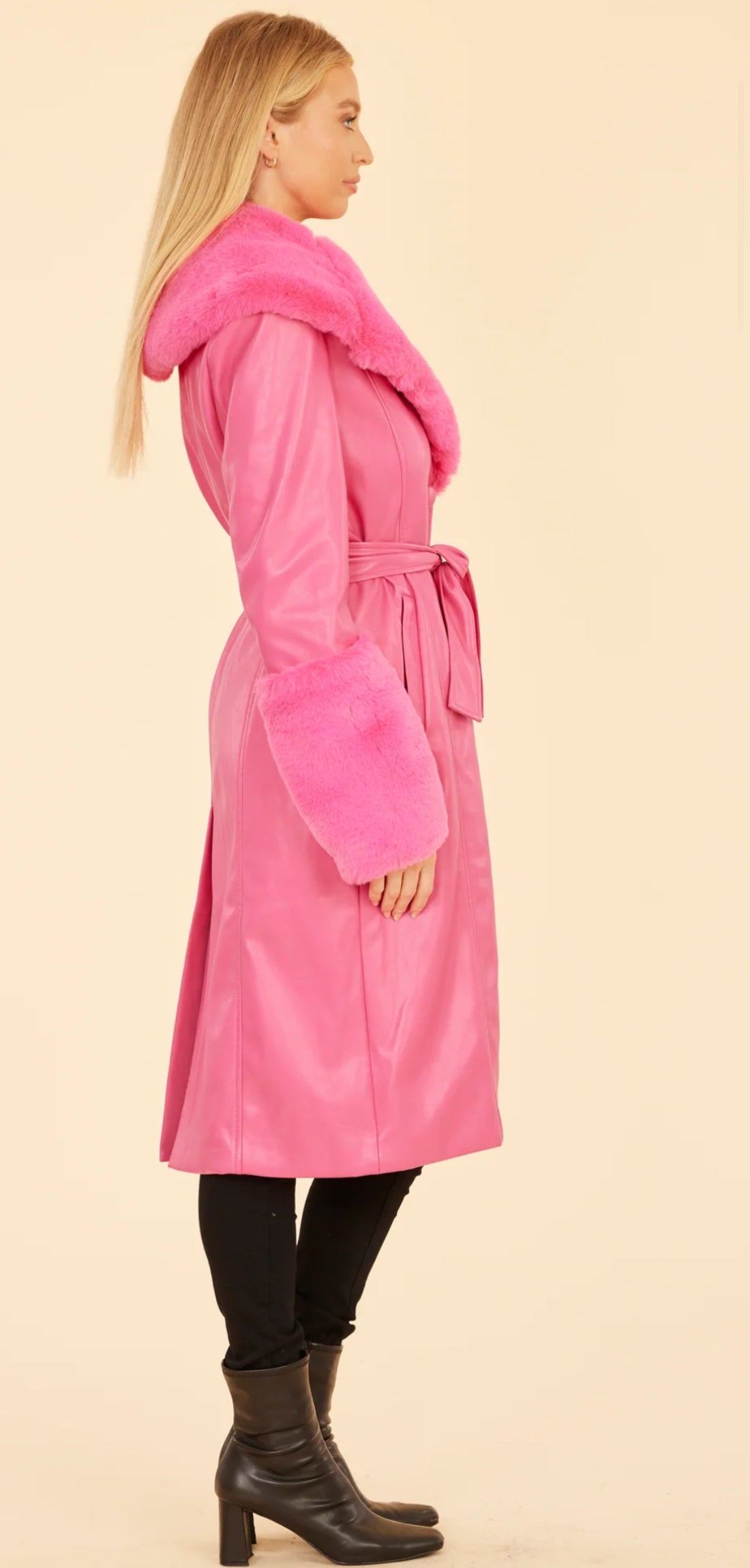 Faux Fur Trim Trench Coat-Hot Pink