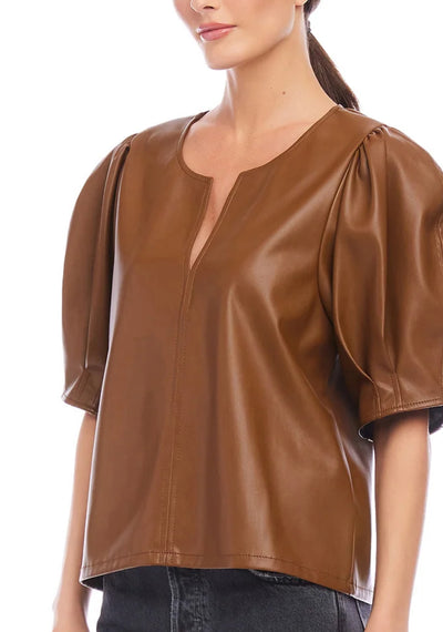 Poof Vegan Leather Top- Caramel