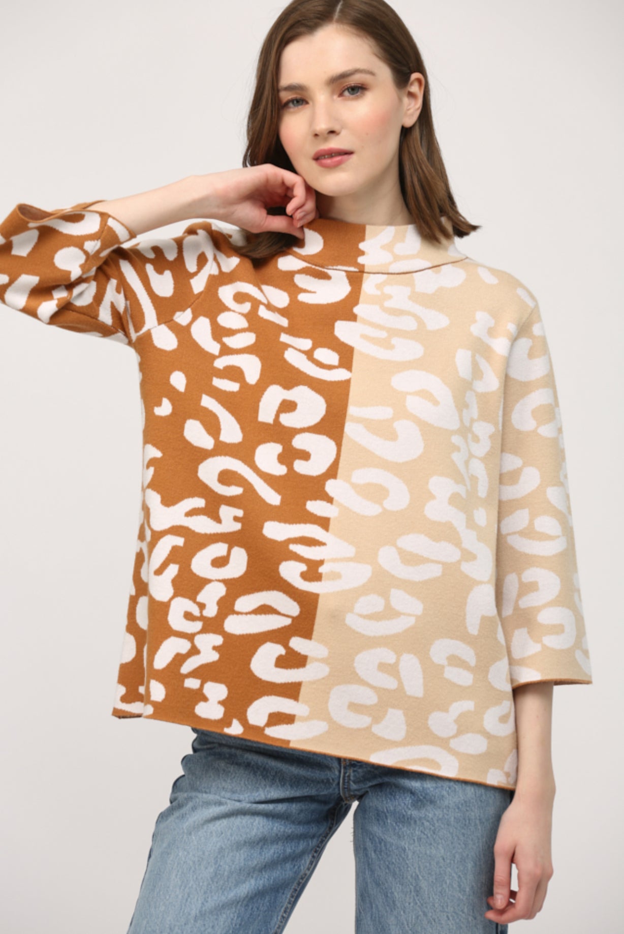 Mock Neck Bell Sleeve Sweater-Colorblock Taupe/Camel