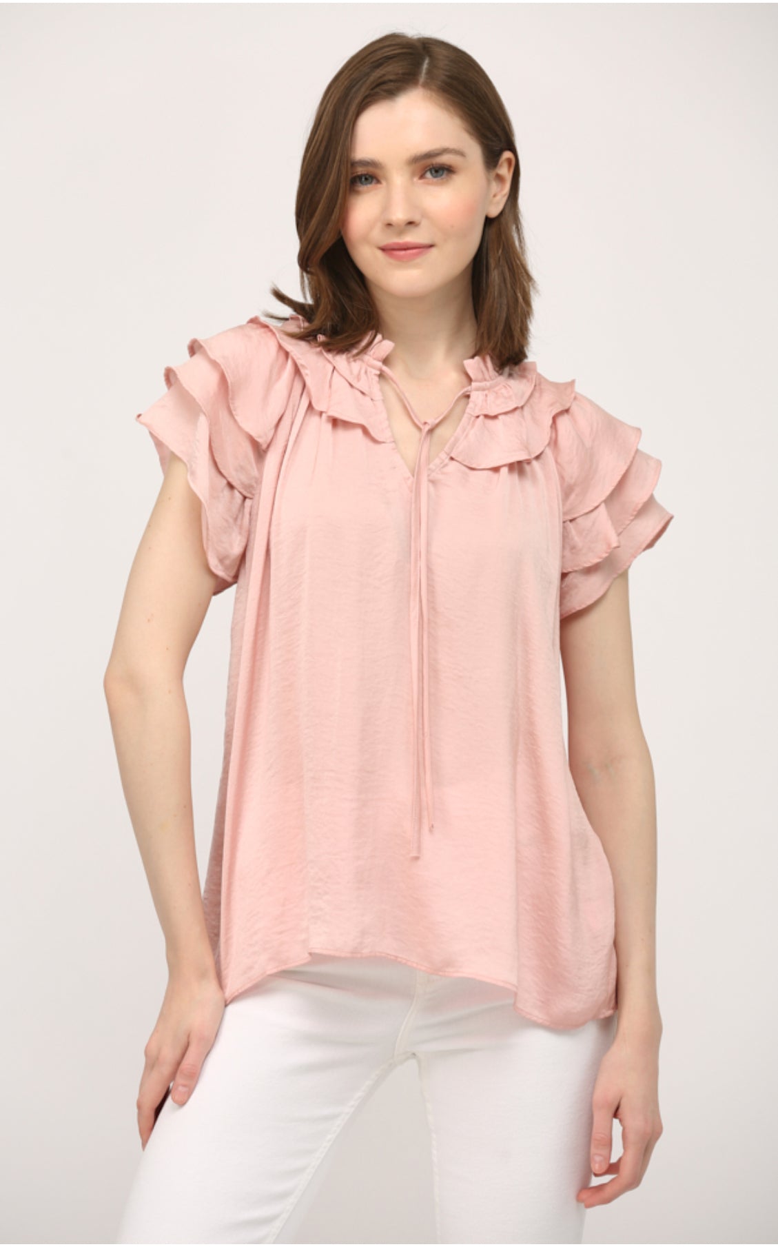 Ruffled neckline short sleeve top-blush