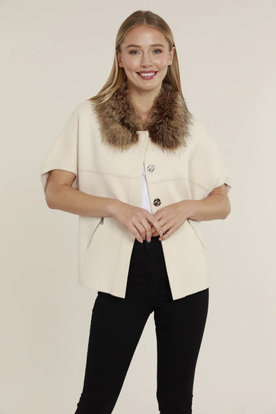 Faux Fur Short Sleeve Cardigan Creme/Chestnut