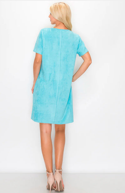 Audrey Round Neck Sueded Dress-Aqua