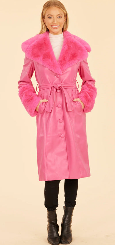 Faux Fur Trim Trench Coat-Hot Pink