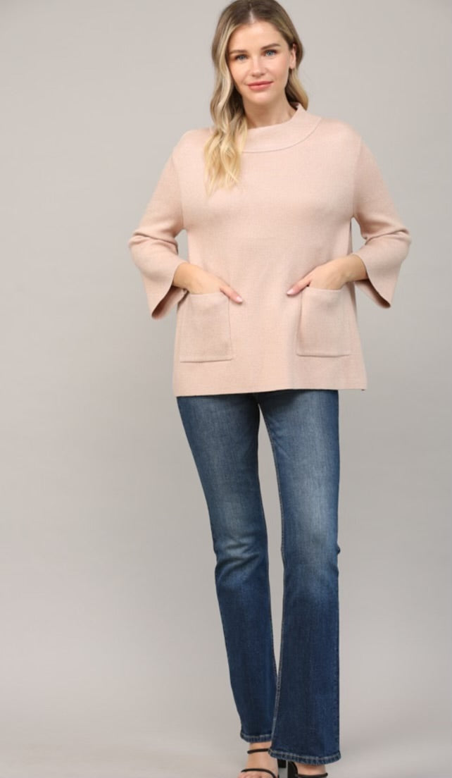 Mock Neck Glitter Sweater Pockets-Rose Gold