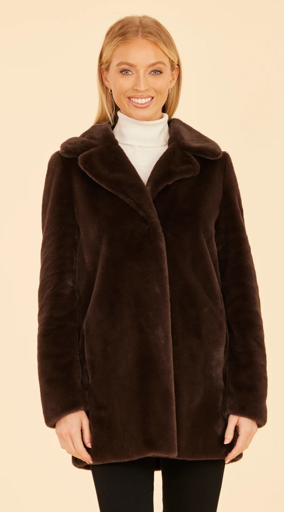 Faux Fur Long Coat Dark Brown