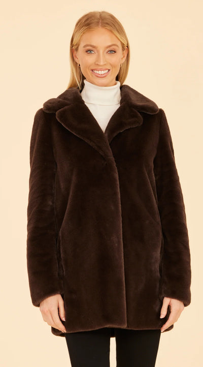 Faux Fur Long Coat Dark Brown