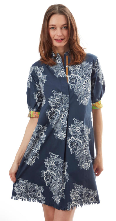 Chatham Floral Paisley Dress-Navy/White