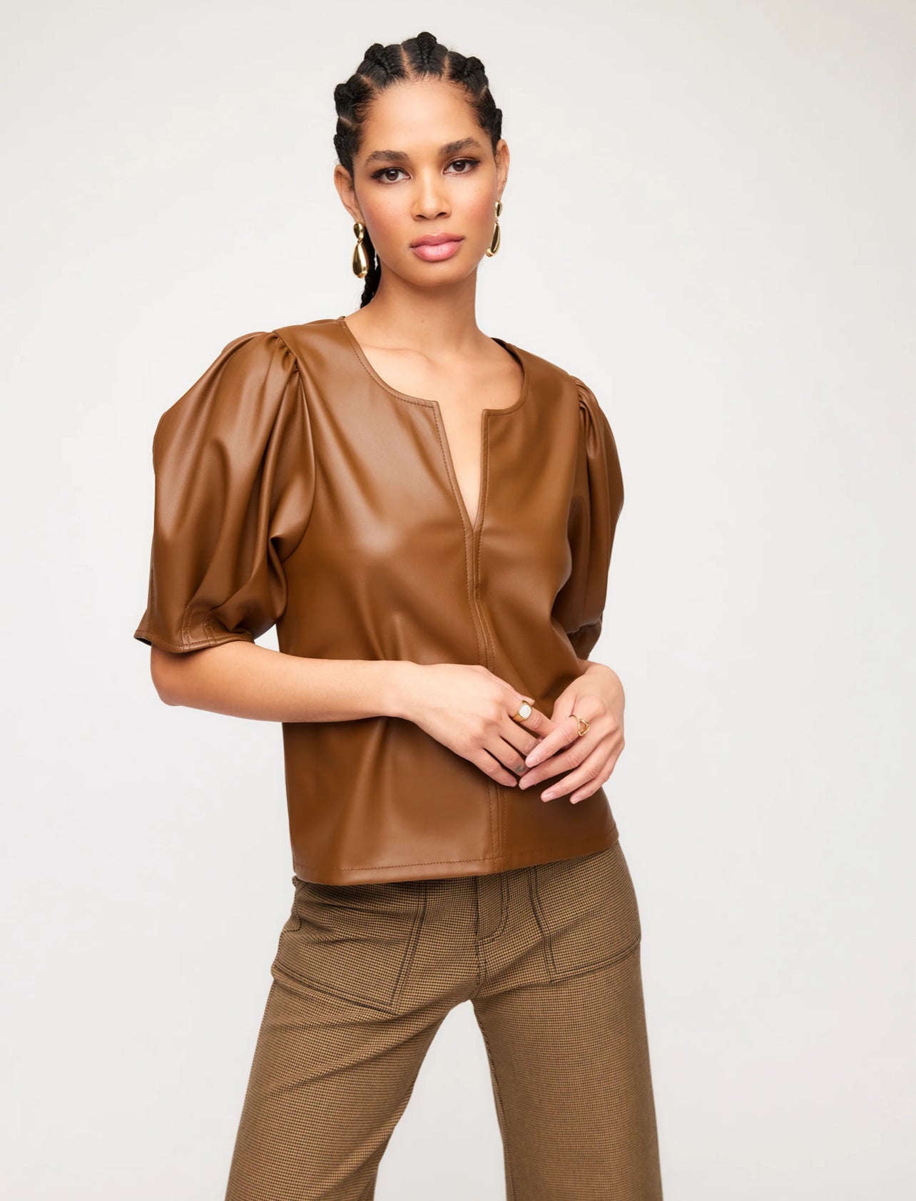 Poof Vegan Leather Top- Caramel