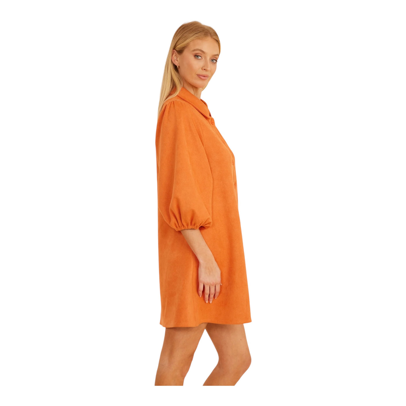 Faux Suede Puff Sleeve Dress Orange