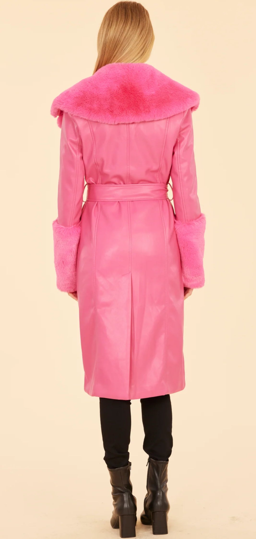 Faux Fur Trim Trench Coat-Hot Pink