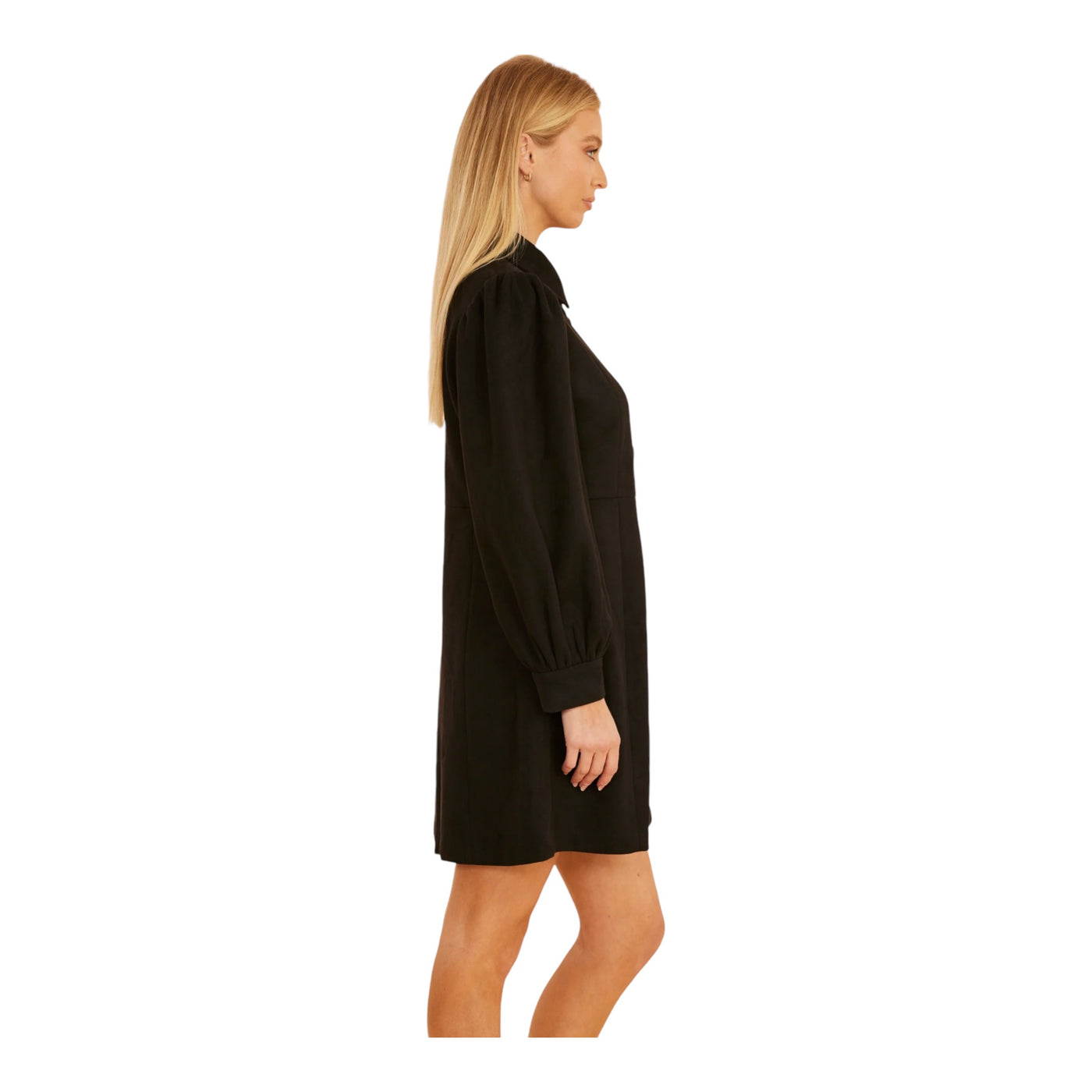 Faux Suede Puff Sleeve Shirt Dress-Black