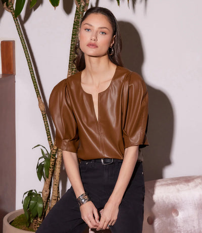 Poof Vegan Leather Top- Caramel