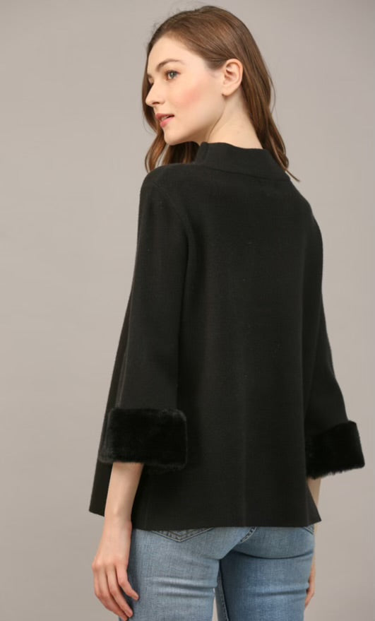 Mock Neck Bell Sleeve w/Fur Trim Sweater-Black