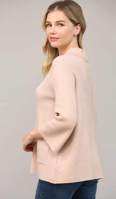 Mock Neck Glitter Sweater Pockets-Rose Gold