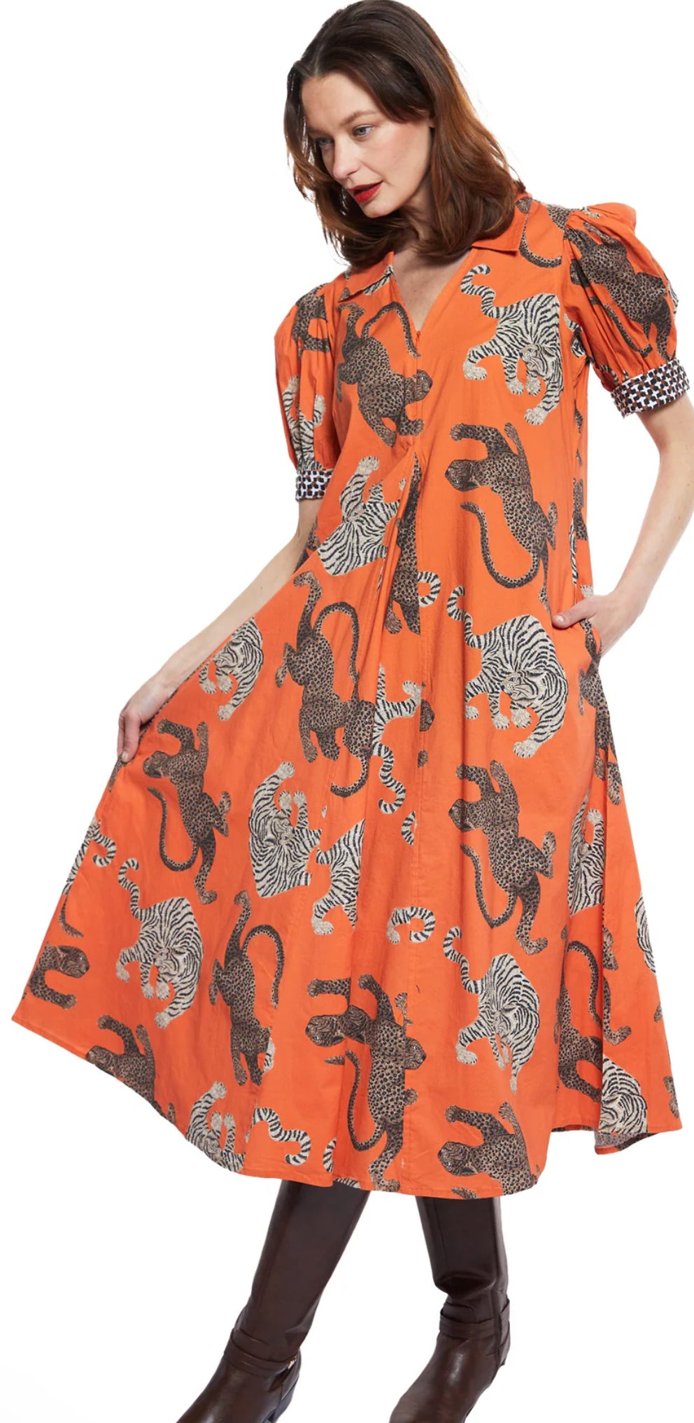 Montauk Big Cats Midi Dress-Rust/Orange