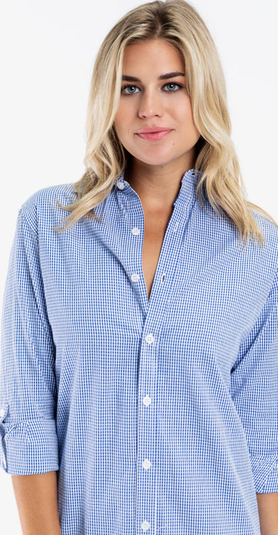 Checked Roll Tab Sleeve Shirtdress-Navy/White