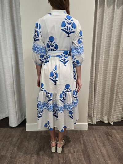 Frieda Embroidered Midi Dress-White/Blue Floral