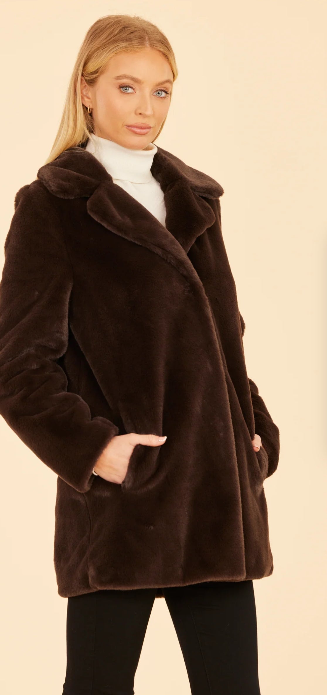 Faux Fur Long Coat Dark Brown