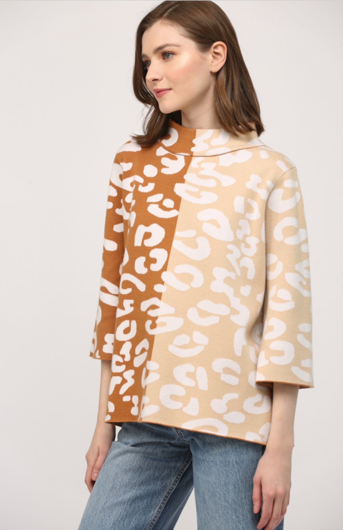 Mock Neck Bell Sleeve Sweater-Colorblock Taupe/Camel