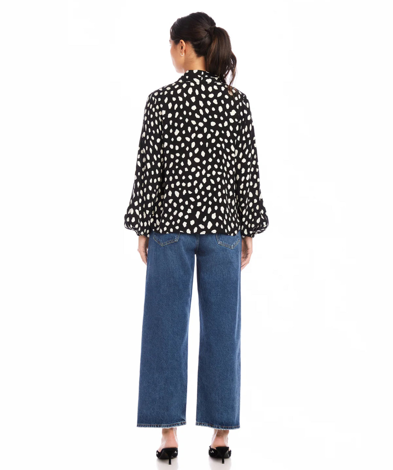 Kiera Blouson Sleeve Dot Print Blouse-Black