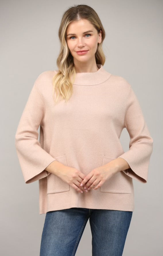 Mock Neck Glitter Sweater Pockets-Rose Gold