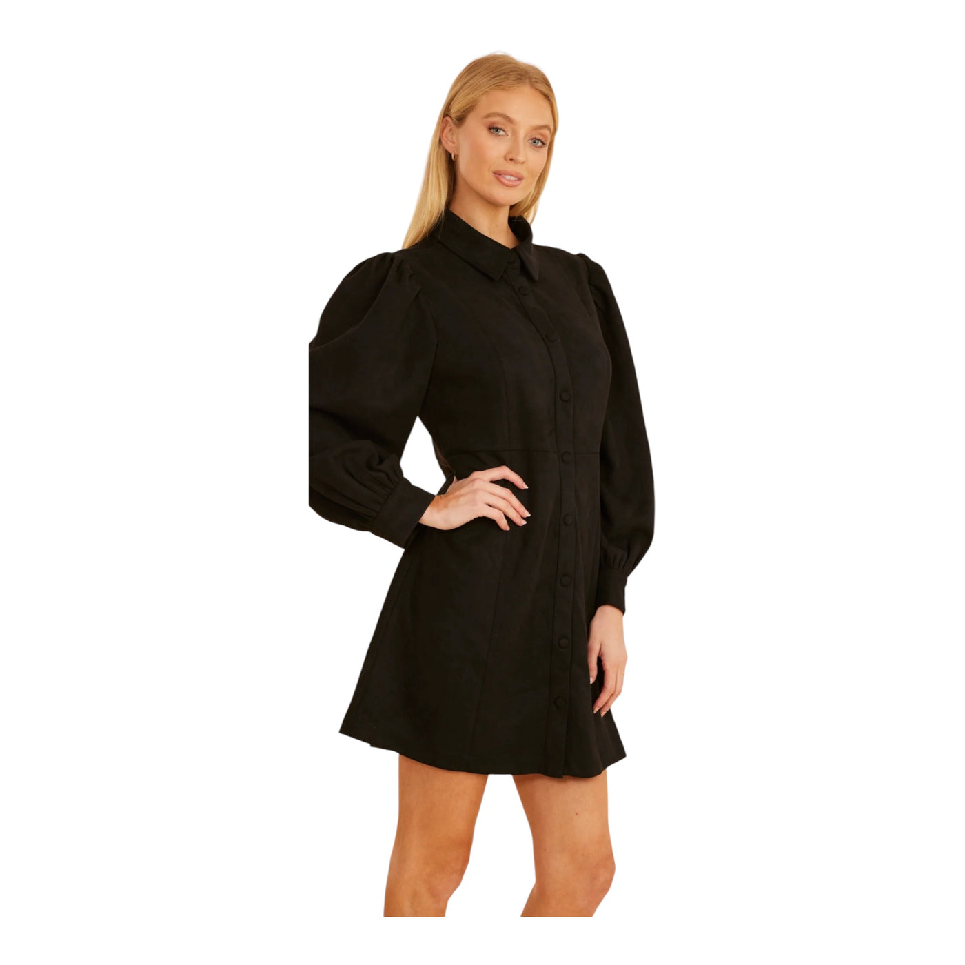 Faux Suede Puff Sleeve Shirt Dress-Black