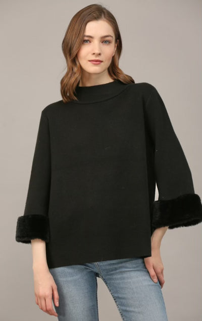 Mock Neck Bell Sleeve w/Fur Trim Sweater-Black