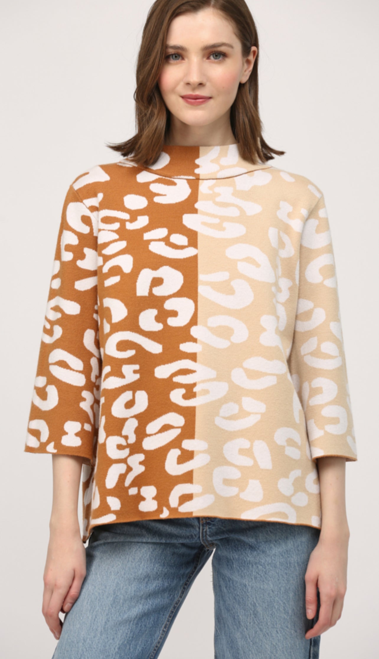 Mock Neck Bell Sleeve Sweater-Colorblock Taupe/Camel