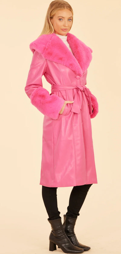 Faux Fur Trim Trench Coat-Hot Pink