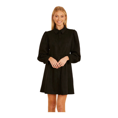 Faux Suede Puff Sleeve Shirt Dress-Black