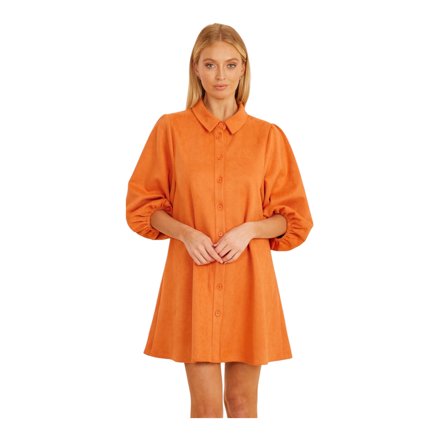 Faux Suede Puff Sleeve Dress Orange