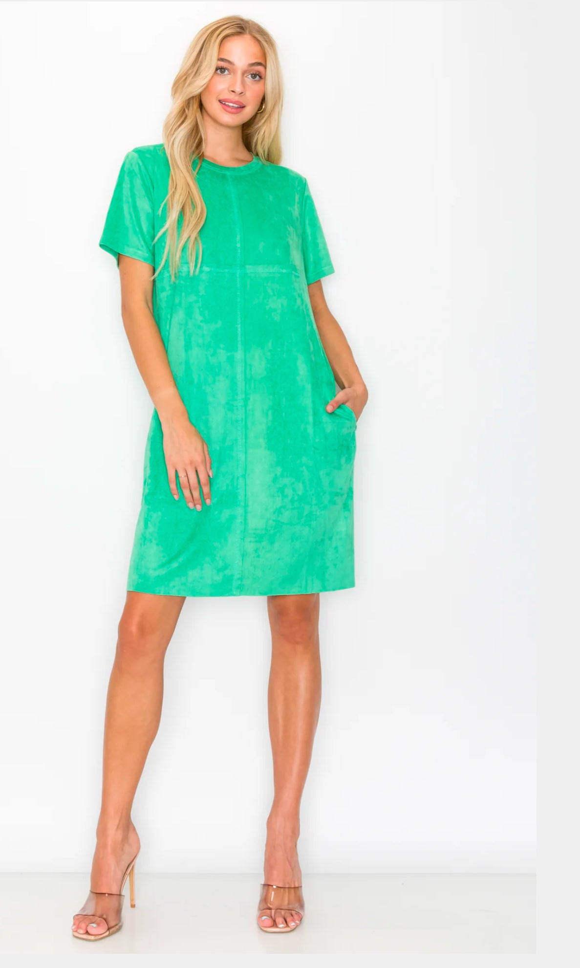 Audrey Round Neck Sueded Dress-Green