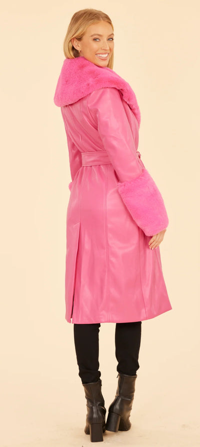 Faux Fur Trim Trench Coat-Hot Pink