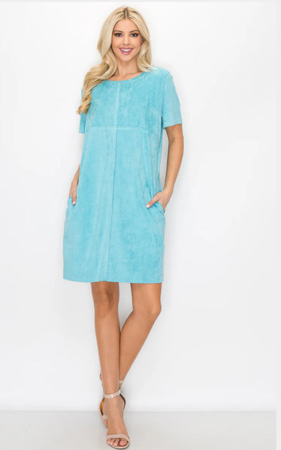 Audrey Round Neck Sueded Dress-Aqua