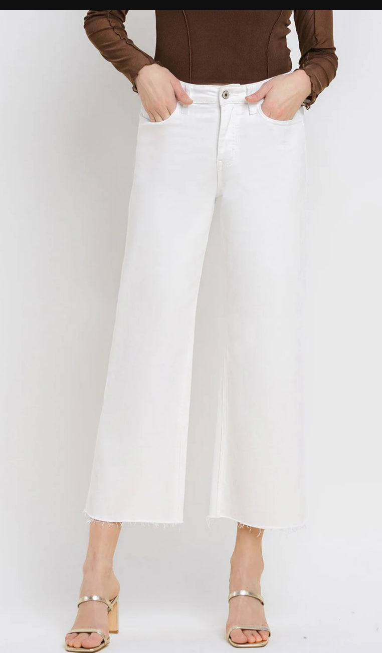 High Rise Crop Flare Denim-White