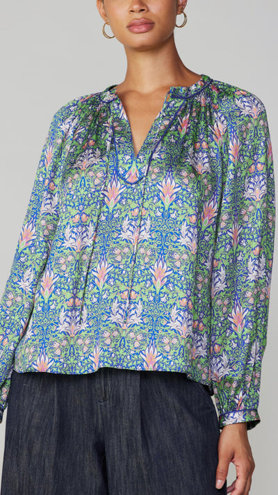 Split Neck Print Top LSLV-Green Multi