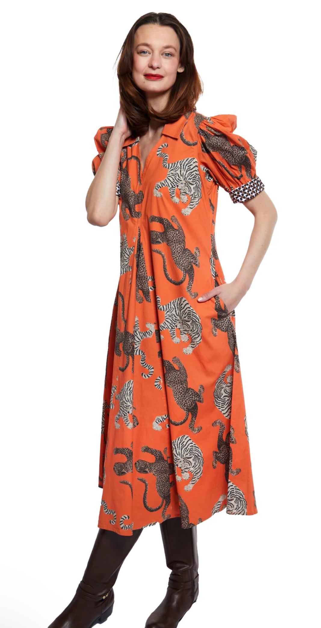 Montauk Big Cats Midi Dress-Rust/Orange