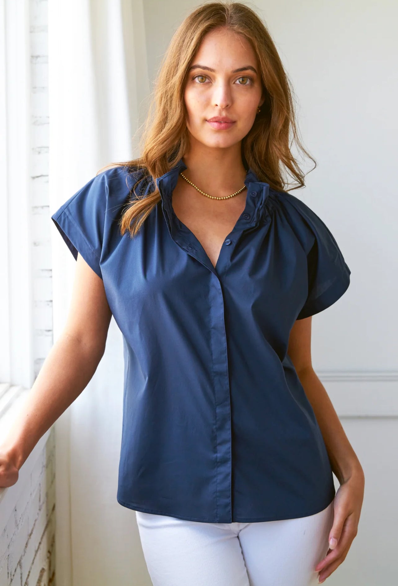 Jenny Poplin Silky Top-Navy