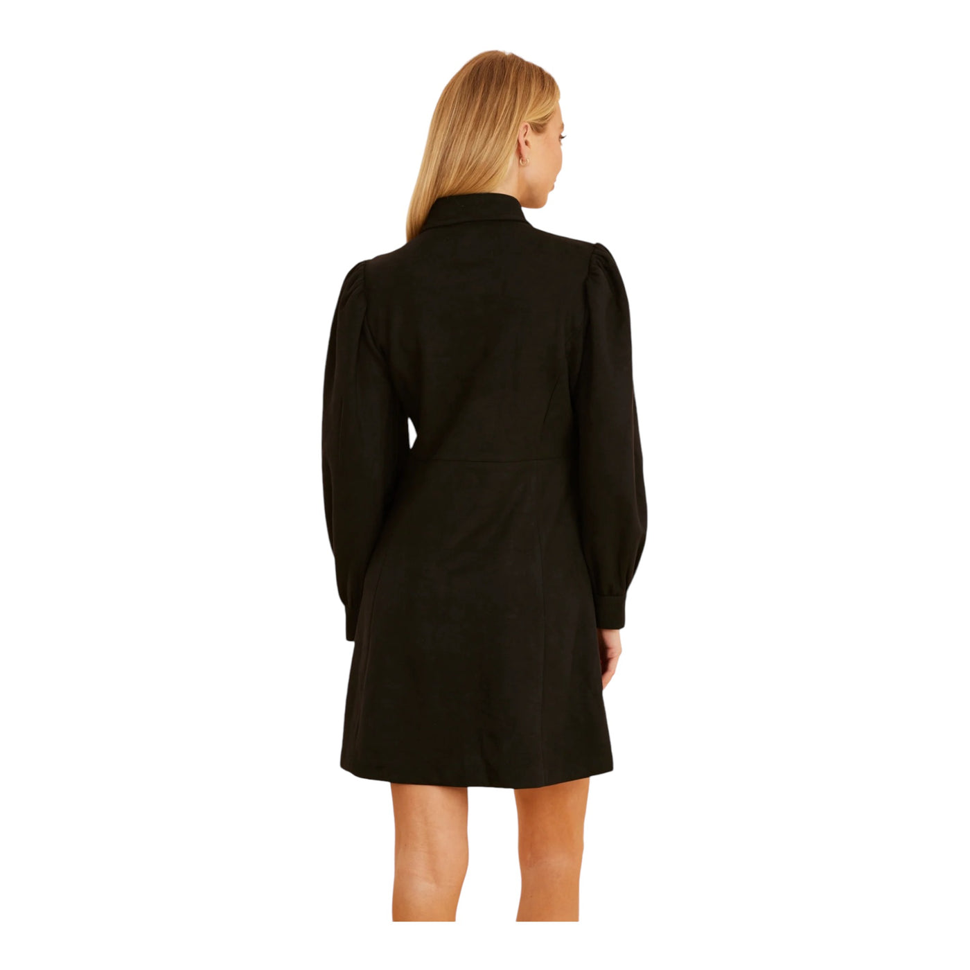 Faux Suede Puff Sleeve Shirt Dress-Black