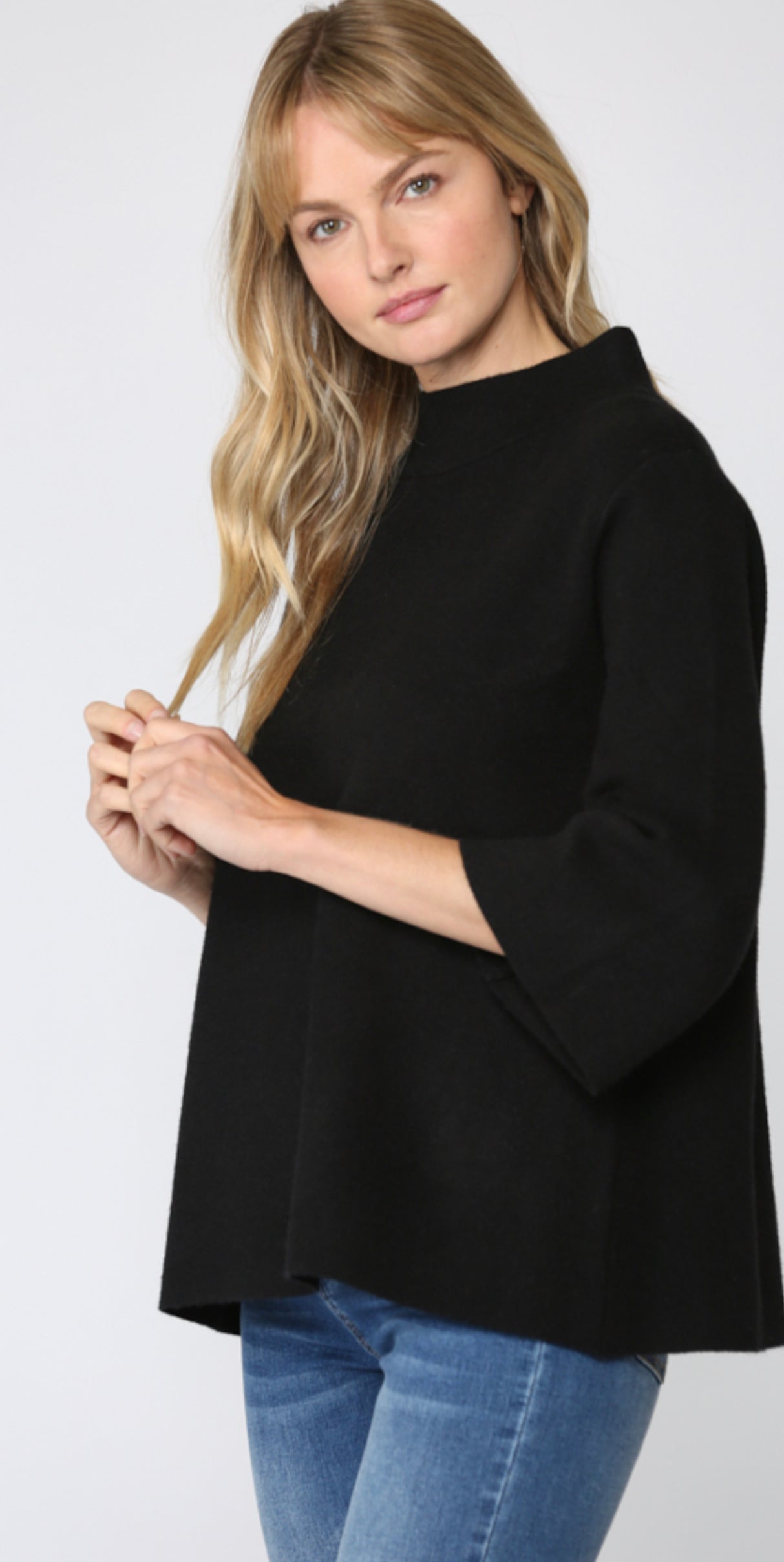 Mock Neck Bell Sleeve Sweater-Black