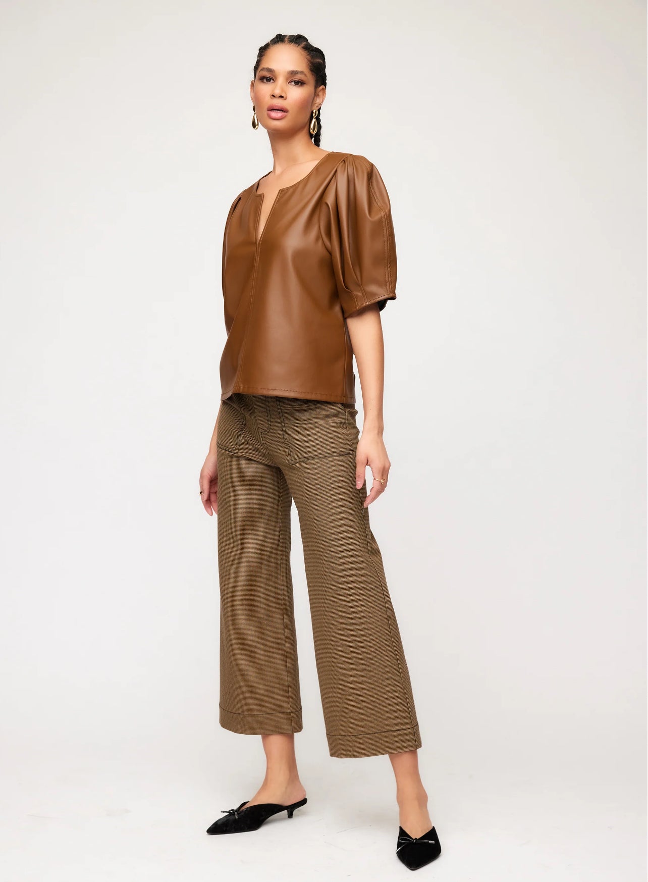 Poof Vegan Leather Top- Caramel