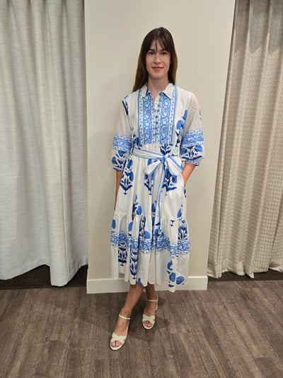 Frieda Embroidered Midi Dress-White/Blue Floral