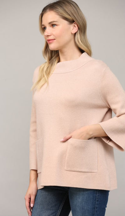 Mock Neck Glitter Sweater Pockets-Rose Gold