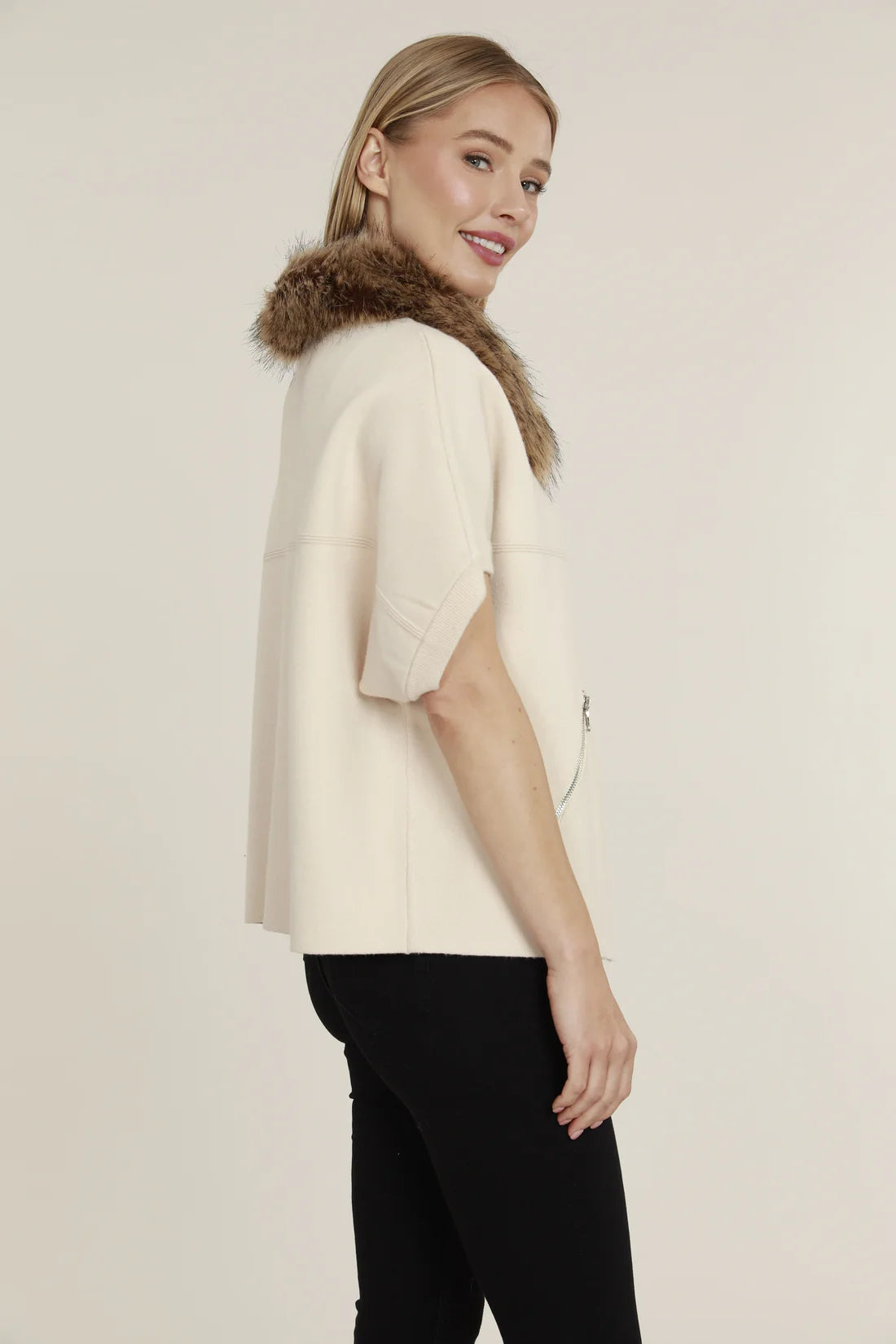 Faux Fur Short Sleeve Cardigan Creme/Chestnut