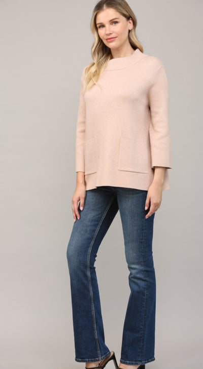 Mock Neck Glitter Sweater Pockets-Rose Gold